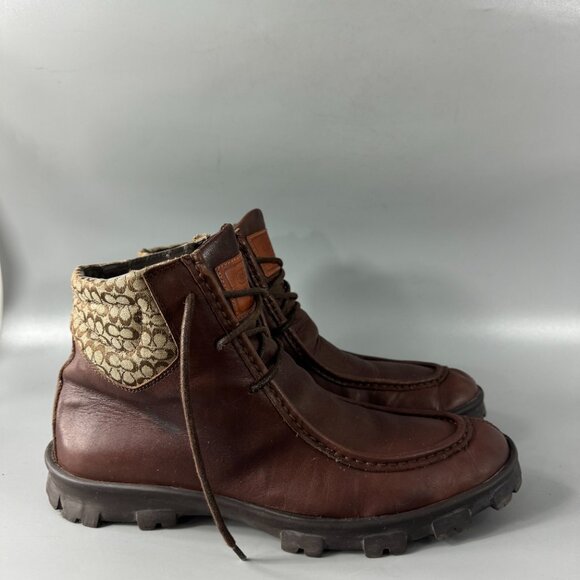 Coach Brown Leather CC Logo Canvas Ankle Heel boots, Men's Size 9 D - Picture 3 of 13